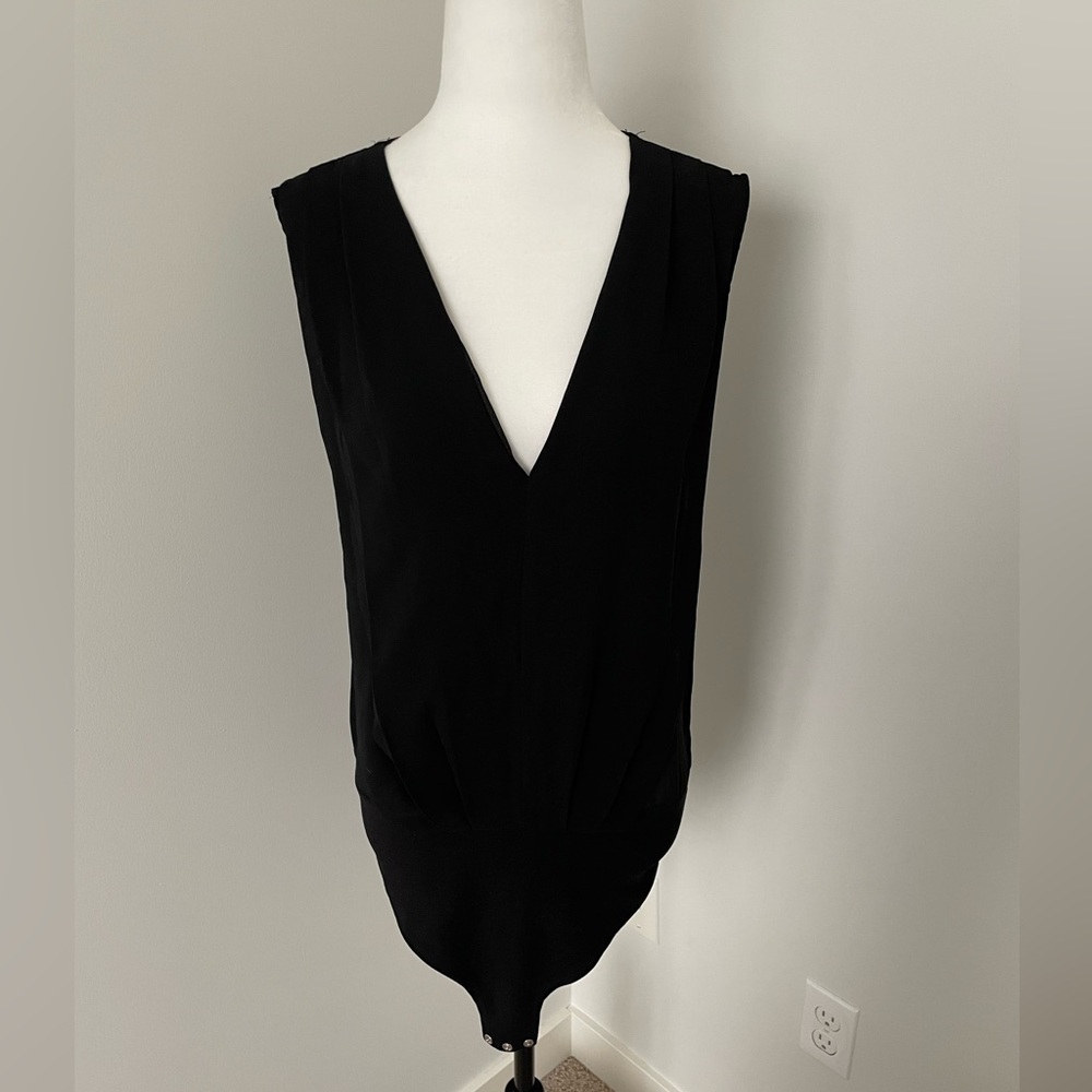 Molly Bracken Black V Neck Pleated Front Body Suit with Sheer Back - Size Large